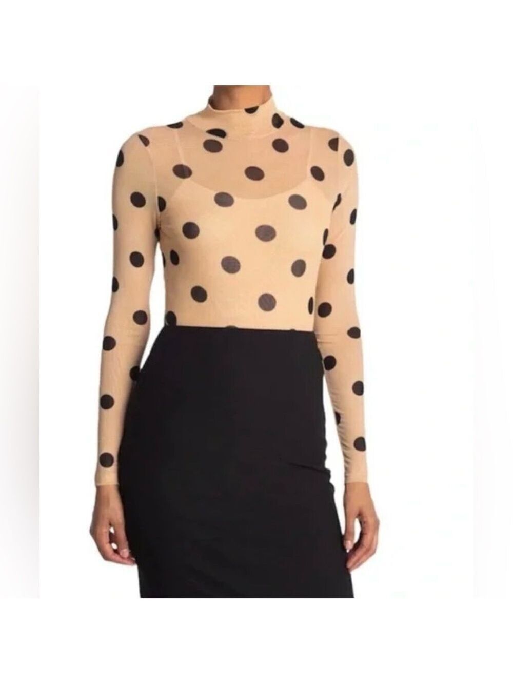 AFRM Zadie Mock Turtleneck Sheer Polka Dot Long Sleeve Top